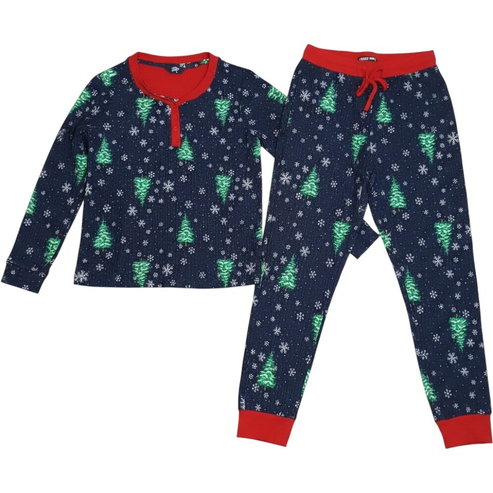 Lands End Pajama Set Womens S Blue Red Excellent Christmas Tree Waffle Knit PJ